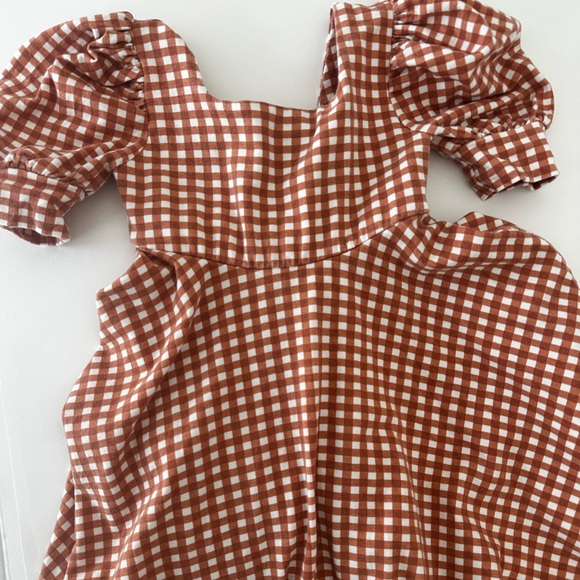 Remi Girl Gingham Rust/White Cotton Dress, Girls Size 6, Puff Sleeves - Picture 3 of 9
